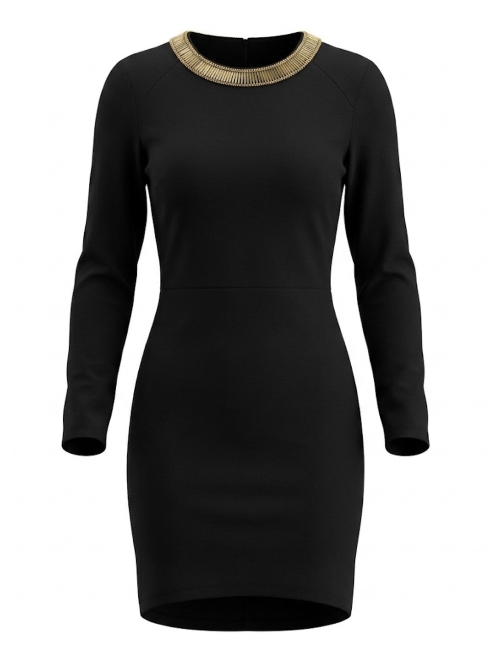 Black Long-Sleeve Mini Dress with Gold Trim - Size 6